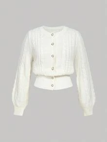 SHEIN MOD Plus-Size Women's White Casual/Work Cardigan, Simple Solid Color, Round Neck, Lantern Sleeves, Wide Hem, Single-Breasted, Suitable For Autumn And Winter,  Warm Coat. - White - View 2