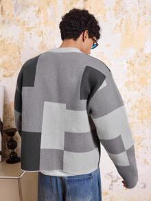 SWAVVY Men's Autumn Casual Collegiate Style Patchwork Pattern V-Neck Button-Up Cardigan, For Fall Winter - Grey - View 2