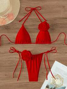 Swim Mod 2025 Women Summer Beach Solid Color 3D Floral Decor Halter Tie Sexy Bikini Swimsuit Set - Red - View 1