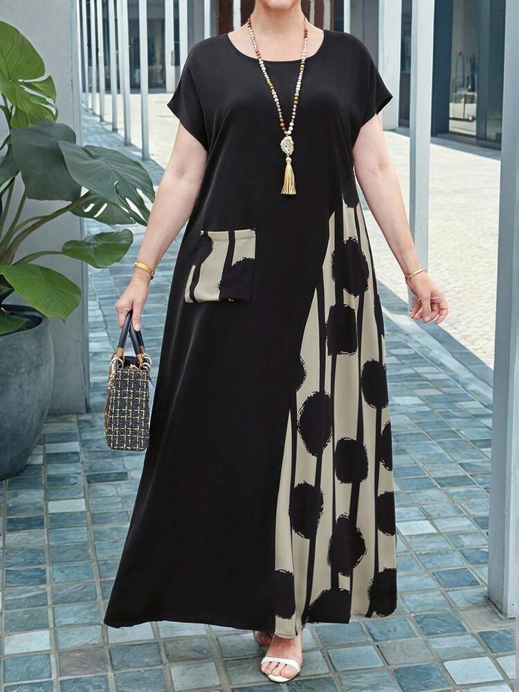 Plus Size Contrast Color Printed Patchwork Long Vacation Casual Dress,Spring Outfits For Women,Tropical Vacation Woman Clothes,Summer