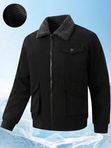 Manfinity Homme Men's Casual Solid Color Fleece Long Sleeve Jacket, Autumn/Winter, Perfect Holiday Gift For Boyfriend & Husband, Corduroy, Grunge