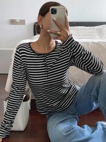 Livesso Long Sleeve Striped Printed Single Breasted Casual T-Shirt,Fall Clothes Preppy Tops - Black and White - View 4