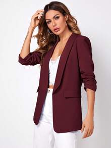 SHEIN Clasi 女士休闲商务通勤简约纯色披肩领编织西装外套秋冬女装 - 紫紅色 - 查看 3