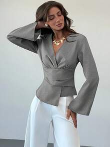 Aloruh New Stylish Commuter Waist Ruched Asymmetric Hem Long Flare Sleeve V-Neck Pullover Blouse - Grey - View 3