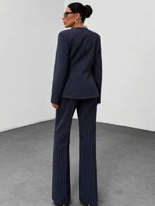 EURMUSE Striped Suit Set, Gold Details Blazer & Flared Fit Pants - Navy Blue - View 2