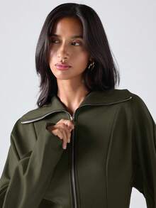 LYSMO 女士纯色简约休闲长袖拉链夹克秋冬女装 - 軍綠色 - 查看 8