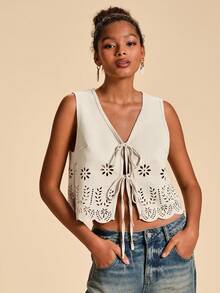 Travachic 纯色针织无袖短款女式夹克 - 杏色 - 查看 6