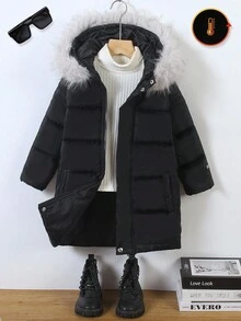 Young Boy New Letter Print Cotton Padded Hooded Jacket, Made Of Soft And Comfortable Cotton, Zipper Design For Easy Wear, Hooded To Protect Head And Neck, Suitable For Playing In Snow, Going To School, And Outdoor Activities Fall Winter - Black - View 1