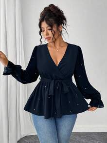 Elenzga Áo cánh cổ chữ V thanh lịch, gợi cảm, bán chạy nhất dành cho nữ cỡ lớn, thích hợp để đi làm và dự tiệc, thiết kế nơ thắt eo, trang trí ngọc trai giả - Màu xanh hải quân - Xem 6