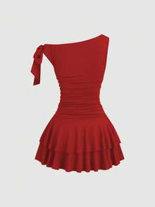 Sweetra Women's Floral Decor Ruffle Trim Fitted Shoulder Strap Dress - Red - View 2