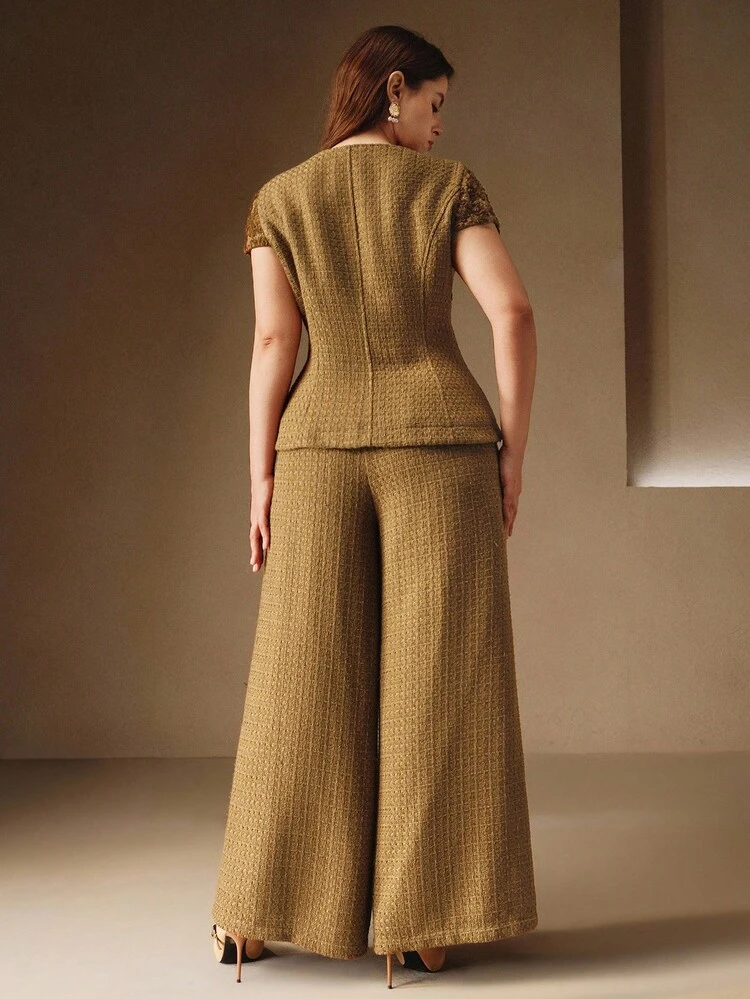 Elegant Square Collar Embroidered Blouse & Wide Leg Pants Women 2 Pieces Set, Suitable For Autumn/Winter, Going Out, Formal, Chic, New Year, Christmas, Graduation