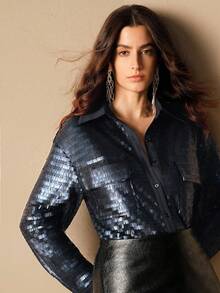 Anewsta Autumn New Sequin Embellished Blouse For Women, Navy Blue, Luxury High-End Party Top With Pockets, Fashionable Sparkling Shirt - Navy Blue - View 3