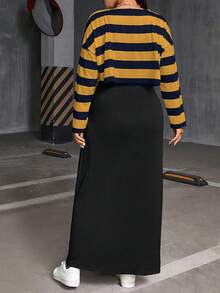 SHEIN Essnce 大码女装秋冬时尚休闲日常舒适黑白条纹长袖宽松T恤和黑色背心长裙两件套，曲线套装，连衣裙套装，女士街头服饰，春装，女士机场装，大学生装 - 彩色 - 查看 2