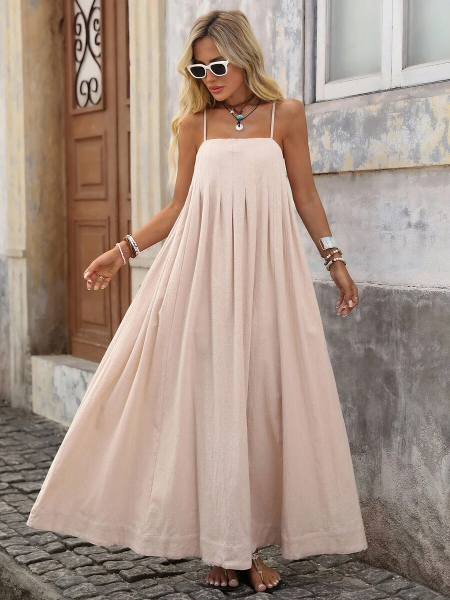 Brillora 纯色编织宽松细肩带连衣裙，女式，夏季 - 杏色 - 查看 1