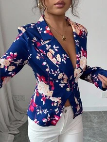 Elenzga 女士印花翻领长袖单扣西装外套，简约优雅 - 彩色 - 查看 4