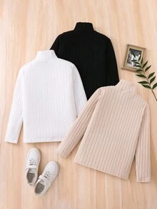 Set de 3 camisetas de manga larga con cuello de tortuga acanalado en negro, blanco y gris para niño preadolescente - Multicolor - Ver 2