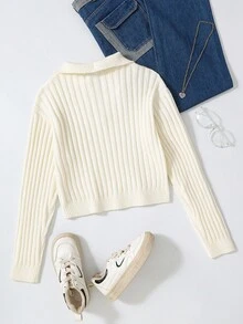 少女高领半拉链粗针织休闲毛衣，适合居家、外出、派对、返校、秋冬季、圣诞节和万圣节等场合。 - 白色 - 查看 2