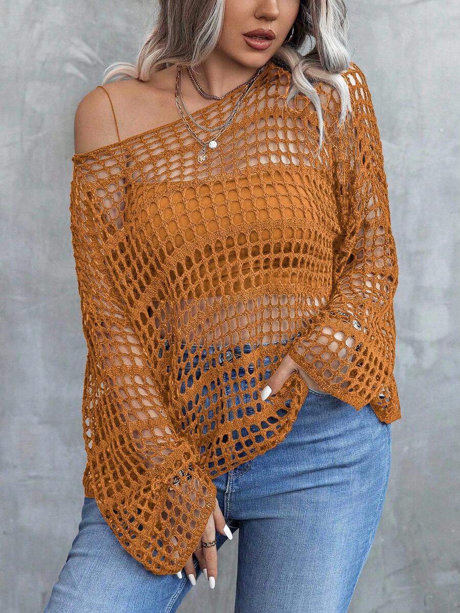 EMERY ROSE 大码女式休闲宽松针织毛衣，露肩，镂空，性感喇叭袖，半透明，黑色，春秋 - 棕色 - 查看 1