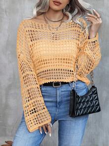 EMERY ROSE Suéter holgado de punto informal para mujer de talla grande, con hombros descubiertos, calado, mangas acampanadas, semitransparente, color negro, para primavera/otoño - Naranja Coral - Ver 3