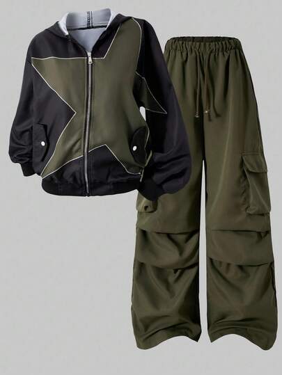 2 件套休闲连帽外套和裤子套装，适合青少年女孩，胸前有绿色星星图案，裤子上有口袋，裤腿褶皱设计，适合秋冬季外出、运动、散步、购物、通勤，可搭配长袖、毛衣、短袖