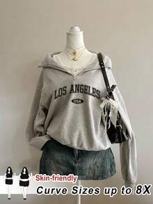 SHEIN CURVE+ Plus Size Retro Campus Style Casual Unisex Women Loose Half-Zip High Neck Fleece Hoodie, Suitable For Autumn/Winter/Autumn /Winter