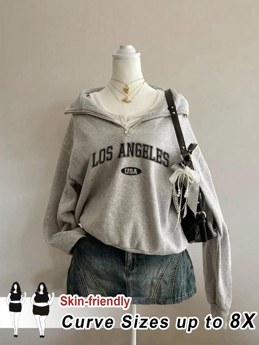 SHEIN CURVE+ Plus Size Retro Campus Style Casual Unisex Women Loose Half-Zip High Neck Fleece Hoodie, Suitable For Autumn/Winter/Autumn /Winter