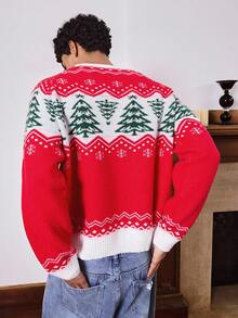 SWAVVY Men's Fashionable Long Sleeve Christmas Tree & Snowflake Pattern Crew Neck Sweater, For Fall Winter - Red - View 2