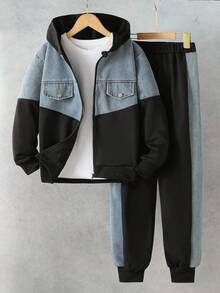 Vacaura Set 2 buc. hanorac pentru băieți/pre-adolescenti, design patchwork, stil casual la modă, unic și personalizat, potrivit pentru joacă în aer liber primăvara, toamna și iarna, măiestrie din denim spălat autentic