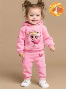 2pcs/Set Baby Girl Cute Cappuccino Ballerina Dancer Heart Print Hooded Fleece Sweatshirt And Fleece Pants Set, Suitable For Outings In Autumn/Winter Fall - Pink - View 1