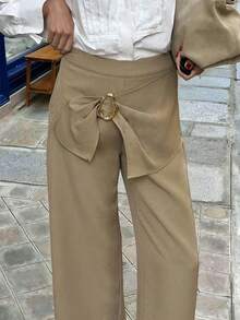 Chiquease Women's Solid Color Metal Decor Wide Leg Loose Casual Pants, Autumn - Khaki - View 1