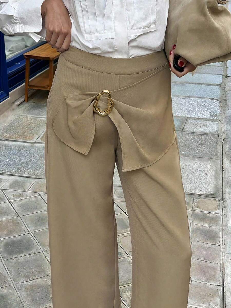 Chiquease Women's Solid Color Metal Decor Wide Leg Loose Casual Pants, Autumn - Khaki - View 1
