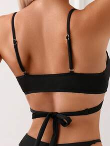 SHEIN Swim Summer Beach Women's Solid Color Crossed Strap Separated Bikini Set - Black - View 6