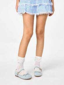 ROMWE Kawaii 女士蓝色玛丽珍鞋、包头乐福鞋、蝴蝶结蕾丝洛丽塔芭蕾平底鞋 - 藍色 - 查看 2