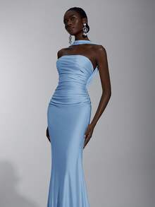 SHEIN Belle 优雅、浪漫、性感、简约、浅黄色针织弹力露肩露背紧身连衣裙，时尚、网红风格，适合节日、派对、婚礼、伴娘 - 藍色 - 查看 3