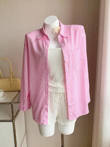 SHEIN Tall CURVE Plus Size Casual & Commuting Stripe Drop Shoulder Long Sleeve Shirt,Business Casual Woman - Pink - View 7