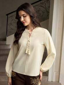 ZEYLAH 女士优雅长袖打结衬衫，修身时尚 - 杏色 - 查看 4