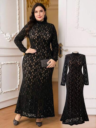 Reflora 大码女式修身高领长袖黑色蕾丝连衣裙，秋季女装，秋冬装