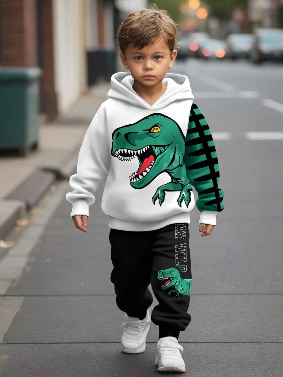 SHEIN 2 Stücke/Set Jungen lässige, lockere Cartoon-Tier, Dinosaurier, Landschaft, 3D, Graffiti Oversized Grafik Hoodie Sweatshirt Set, bequem für Herbst/Winter