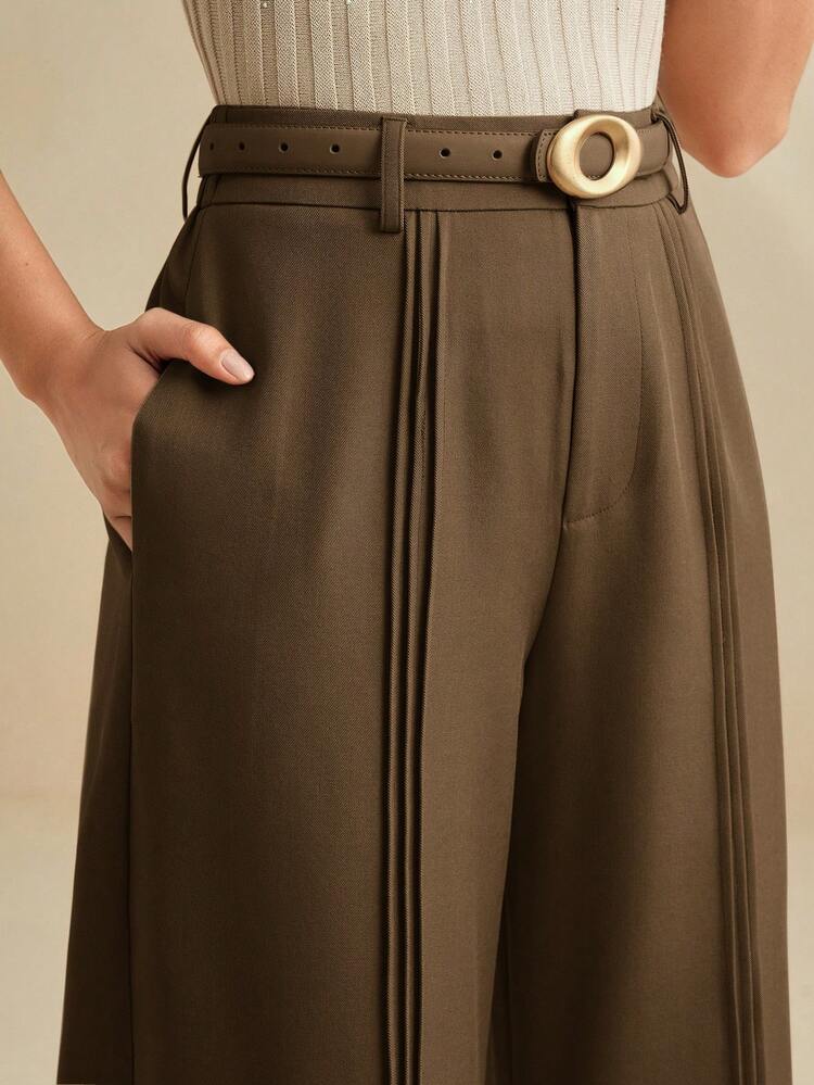 Anewsta Essential Elegant & Chic Brown Wide Leg Pants With Pleated Leg Design, Suitable For Fall/Autumn