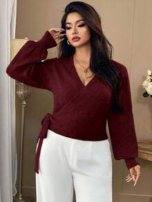 Auvina 1 件女士加大码优雅系带长袖针织开衫，适合秋冬季 - 酒紅色 - 查看 1