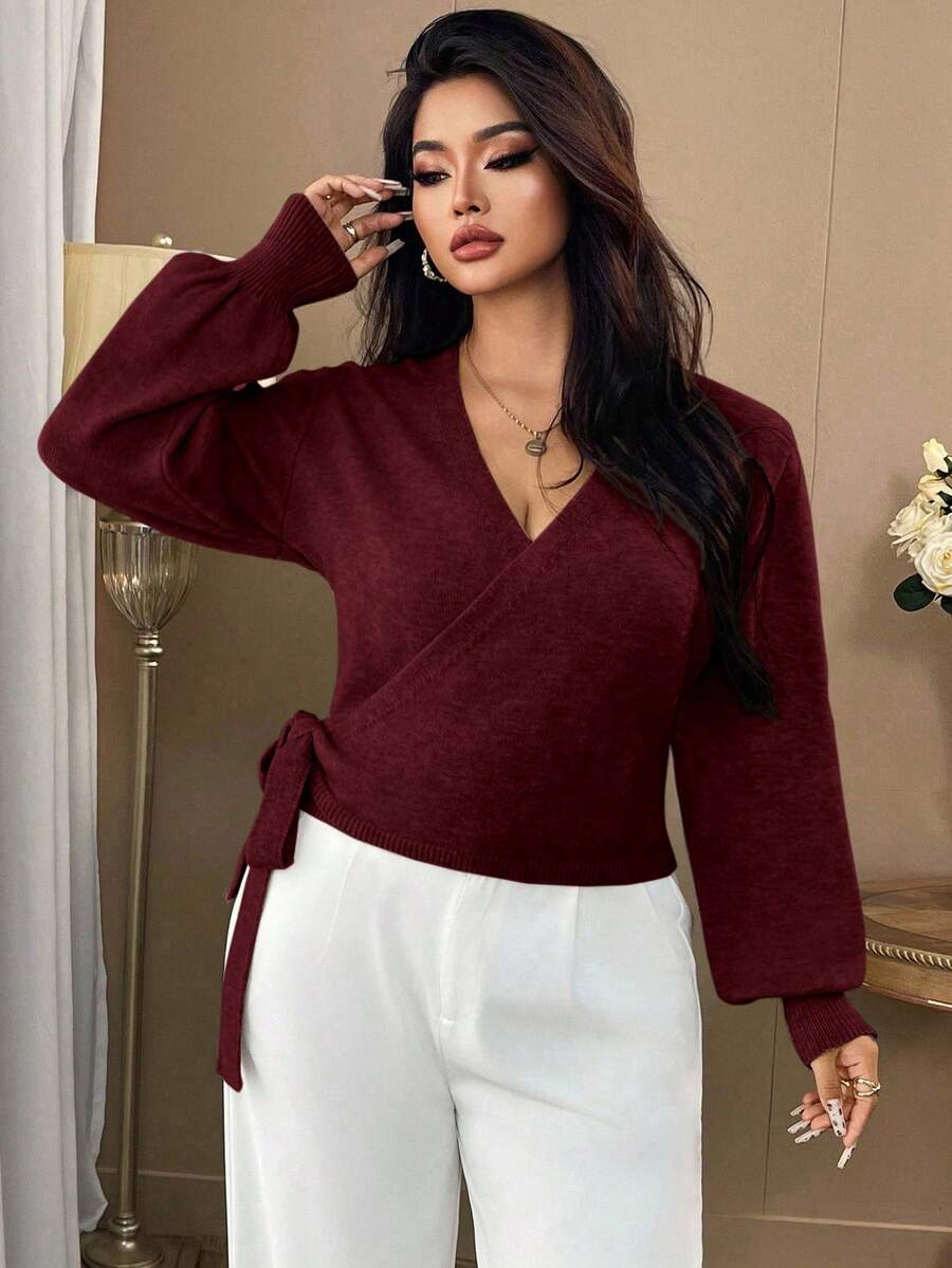 Auvina 1 件女士加大码优雅系带长袖针织开衫，适合秋冬季 - 酒紅色 - 查看 1