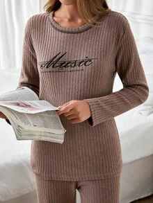 EURMUSE Conjunto de pantalón y camisa de manga larga con letras de punto acanalado para mujer, ropa de estar en casa y de descanso - Marrón - Ver 5
