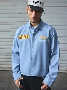 AXEPEAK 休闲街头宽松短款长袖男士衬衫，秋季 - 霧霾藍 - 查看 2