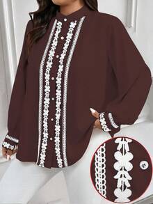 EMERY ROSE Áo sơ mi dài tay cổ và tay áo viền màu tương phản cỡ lớn mặc thường ngày/đi làm - màu nâu - Xem 8