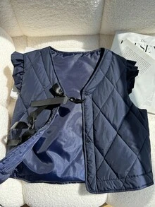SHEIN Chaqueta de invierno con cuello en V y mangas cortas con decoración de lazo para niña preadolescente