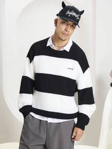 Manfinity Roghcode Suéter casual de hombre de manga larga con caída de hombros, con estampado de letras y rayas, para otoño - Blanco y Negro - Ver 3
