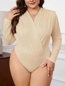 SHEIN Privé Plus Size Women Elegant Ruched Shoulder Casual Bodysuit, Slim Fit Long Sleeve, Suitable For Commuting And Outdoor Wear, Autumn/Winter