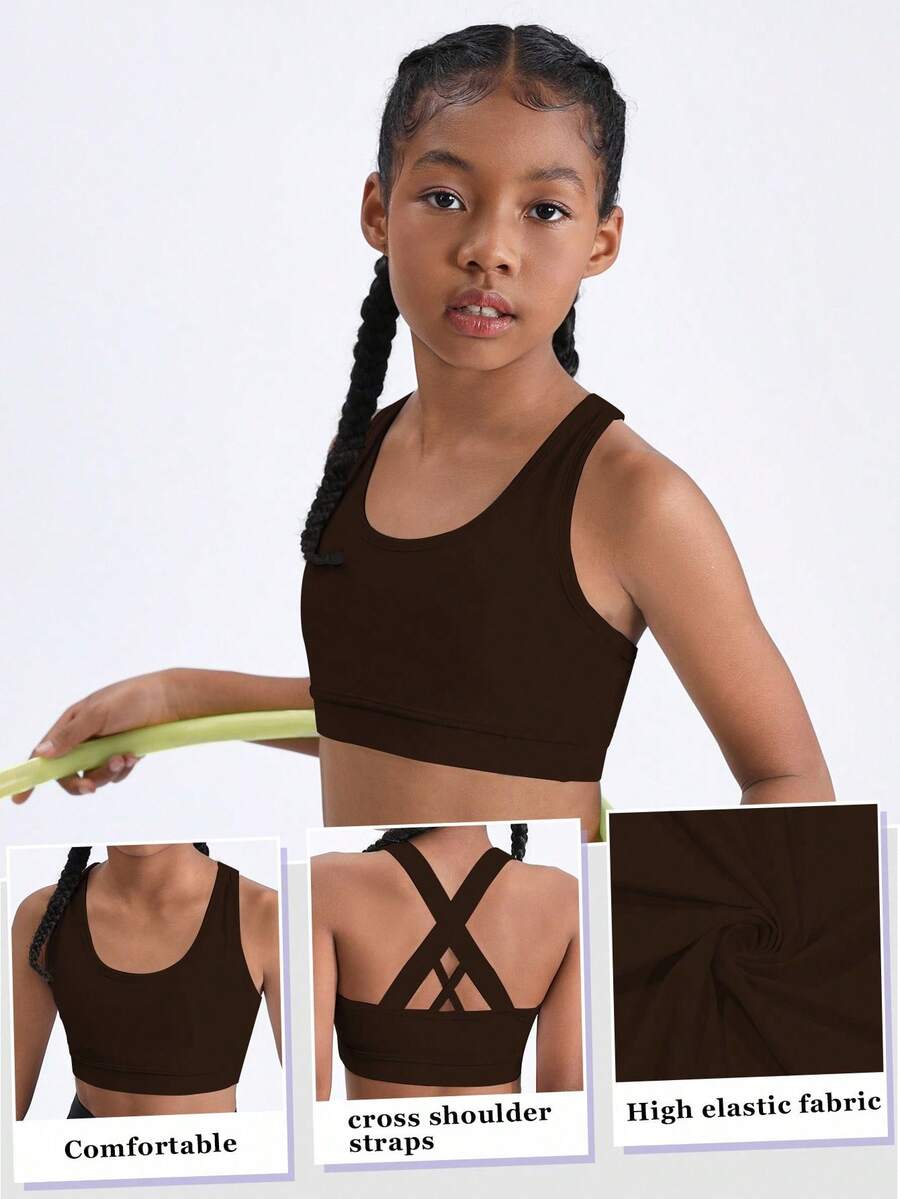 SHEIN Girls' Brown Sports Bra Sleeveless Scoop Neck Crop Top For Tweens Comfortable And High Elastic Fabric For Activewear - Brown - View 1