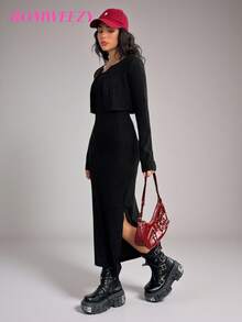 2 Stücke/Set Teenager Mädchen Gerippte Strick Jacke und Bodycon Trägerkleid Set