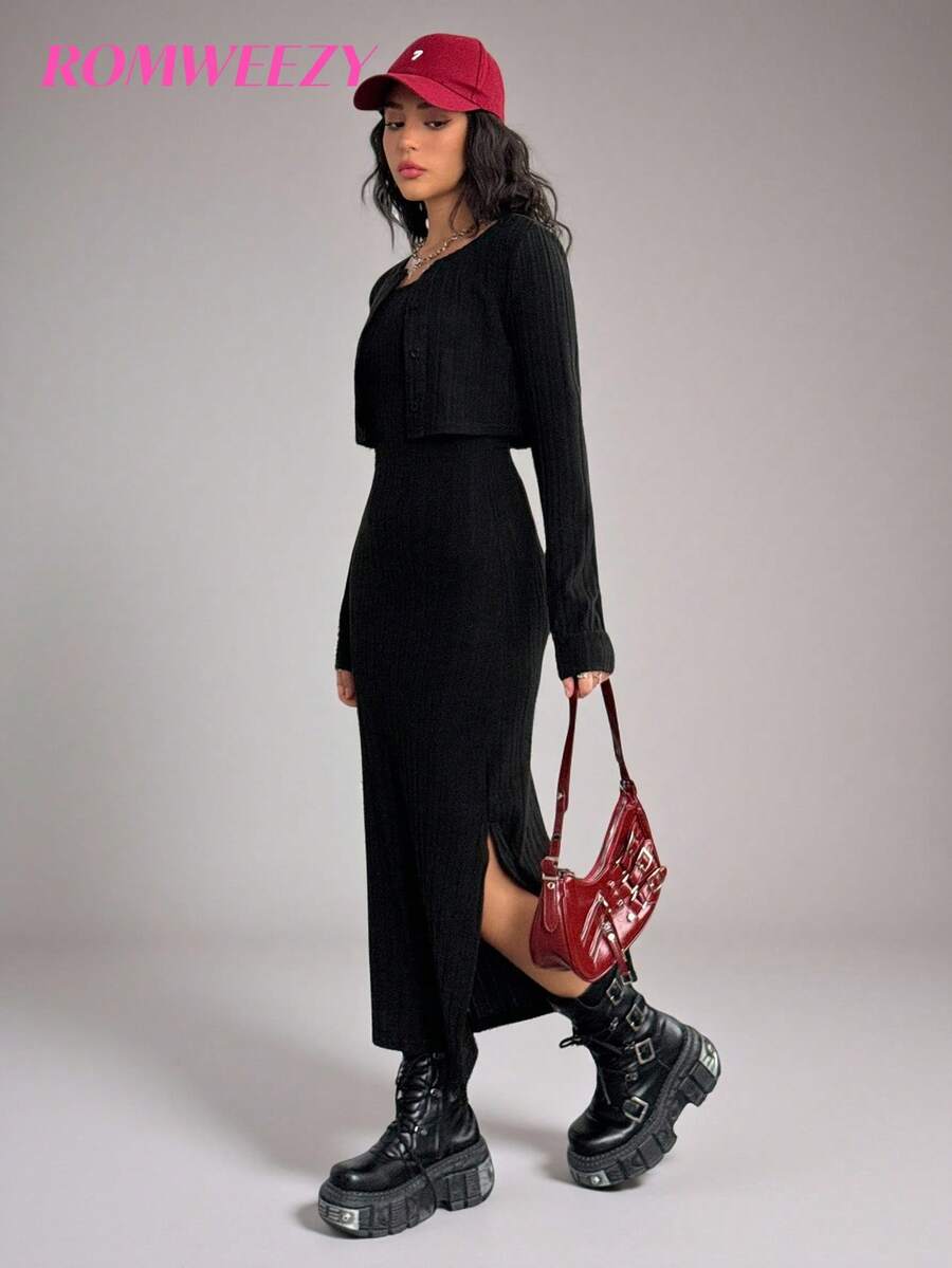 2 Stücke/Set Teenager Mädchen Gerippte Strick Jacke und Bodycon Trägerkleid Set